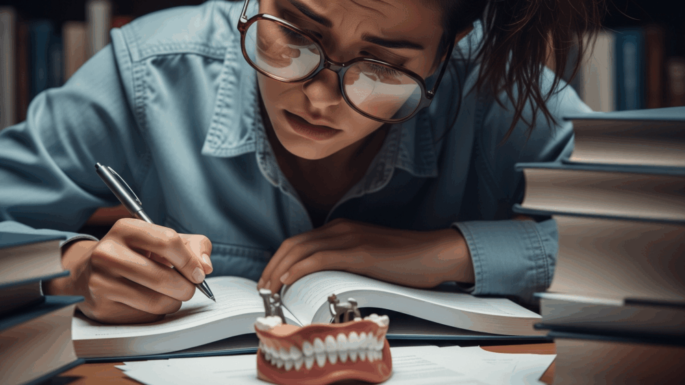 stressed out dental student over her books with a typodont